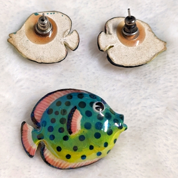 Vintage 80's Artisan Made Glazed Ceramic Fish Earrings And Brooches - Picture 7 of 10